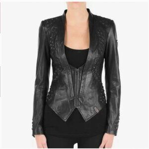 RARE Rudsak French Designer " Studded " Butter Soft Black Leather Jacket XS w/